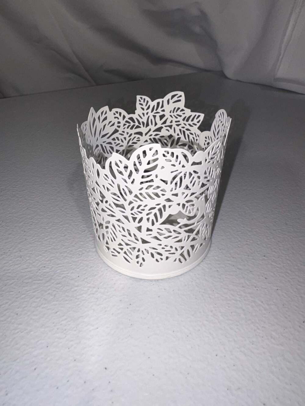 IKEA SAMVERKA Tealight Candle Holder in White Laser-Cut Steel with Leaf and Bird